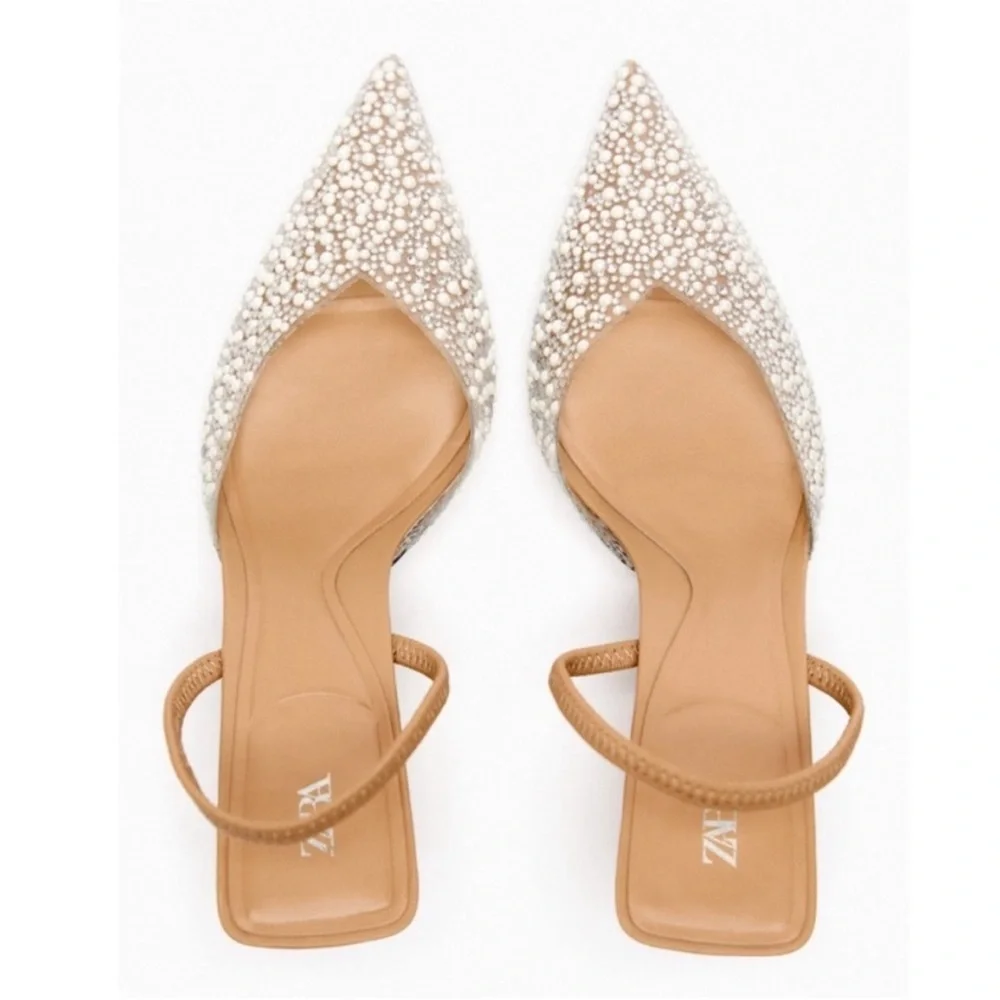 Zara Clear PVC Pearl & Rhinestone embellished Pointed Toe Slingback heels - Picture 3 of 7